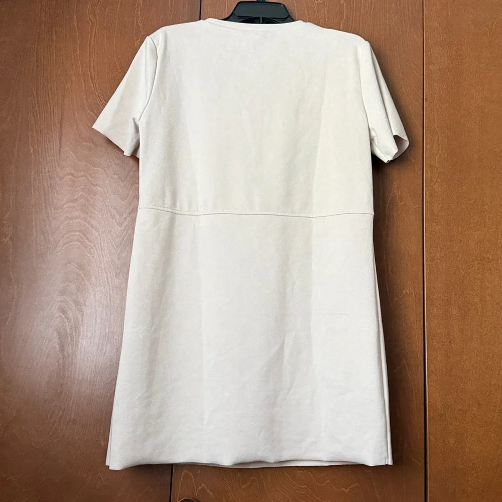 Zara Beige Faux Suede Short Sleeve Pullover Dress NWT Sz Med Ret $35.90 Raw Hems - Picture 3 of 10